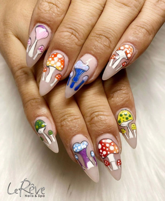 30 Mushroom Nail Designs — Mushroom Stiletto Nude Nails