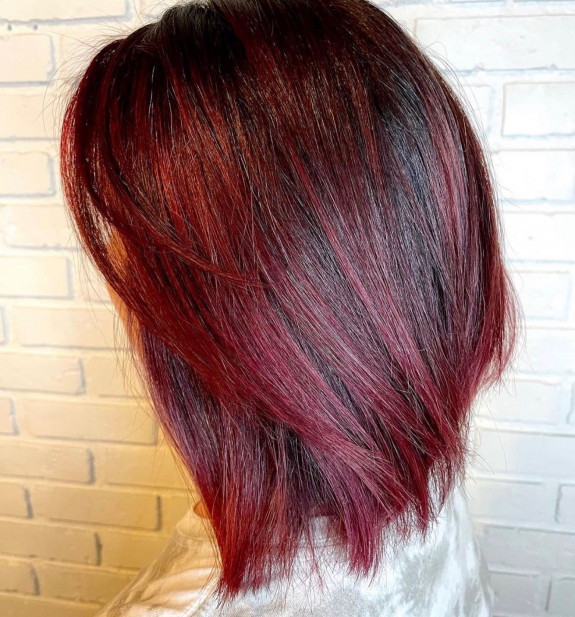 30 Black Cherry Hair Color Ideas — Bright Cherry Lob Haircut