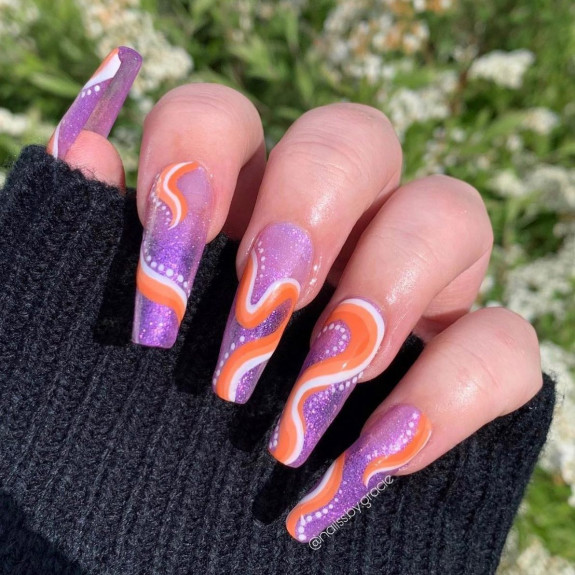 30 Psychedelic Nail Designs — Purple Shimmery Orange Swirl Ballerina Nails