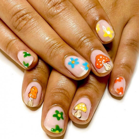 30 Mushroom Nail Designs — Flower + Mushroom Short Nails