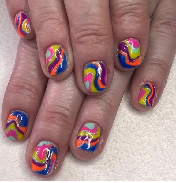 30 Psychedelic Nail Designs — Glitter and Colorful Swirl Short Nails