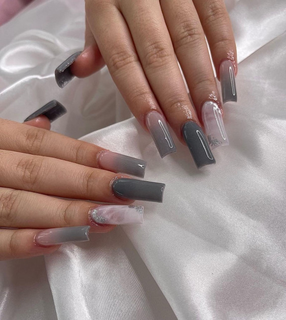 35 Gray Nail Designs For 2022 — Ombre Grey + Marble Sheer Nails