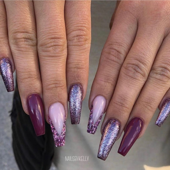 40 Trendy Fall Nails in 2022 — Glitter Purple Acrylic Nails