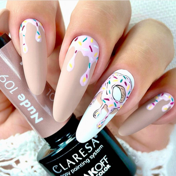 25 Donut Nail Art Designs — Neutral Donut Almond Long Nails