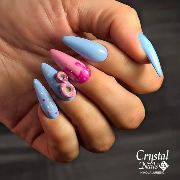 25 Donut Nail Art Designs — Blue and Pink Stiletto Nails