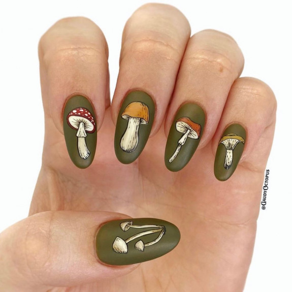 30 Mushroom Nail Designs — Mushroom Matte Green Almond Nails