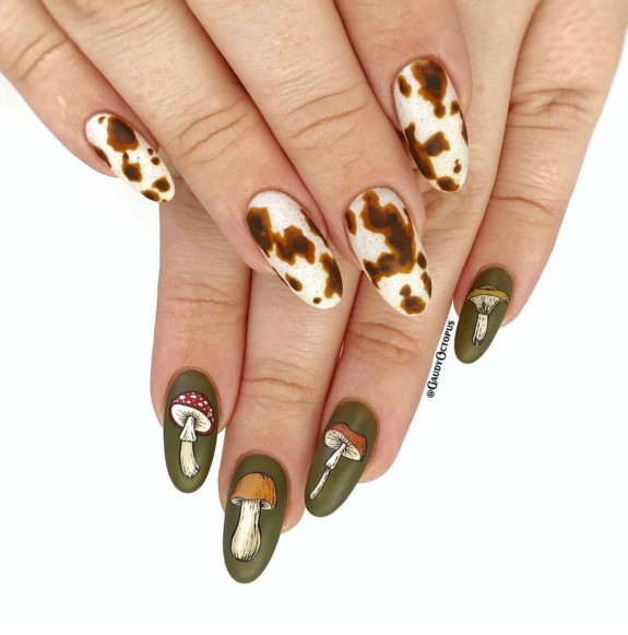 30 Mushroom Nail Designs — Cow Print + Mushroom Green Nails