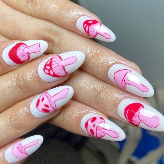 30 Mushroom Nail Designs — Pink Mushroom White Nails