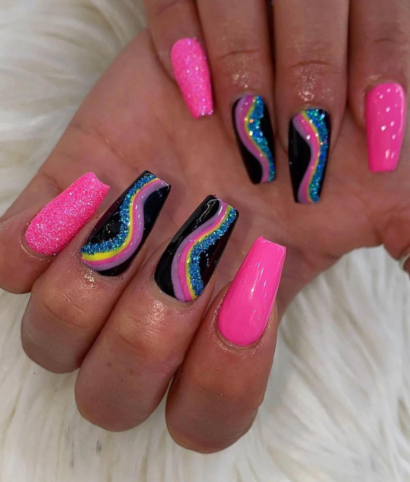 30 Psychedelic Nail Designs — Black with Colorful Swirl Nails