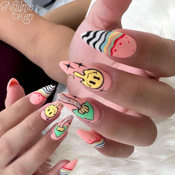 30 Mushroom Nail Designs — Pink Base Trippy Nails