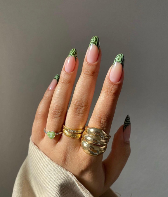 30 Psychedelic Nail Designs — Green Swirl Tip Nails