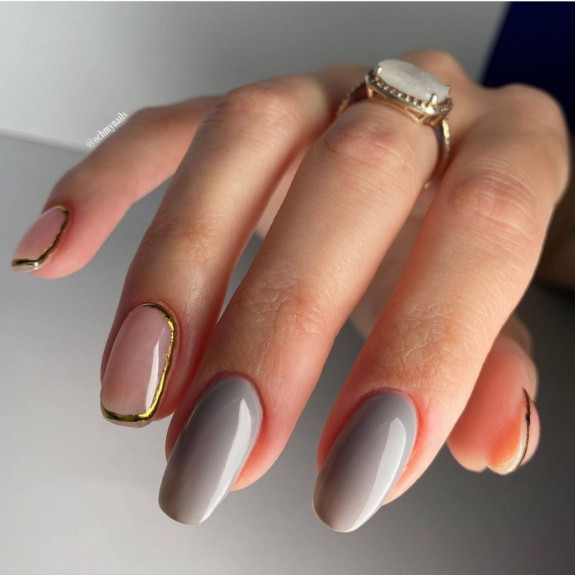 35 Gray Nail Designs For 2022 — Gold Border and Grey Nails