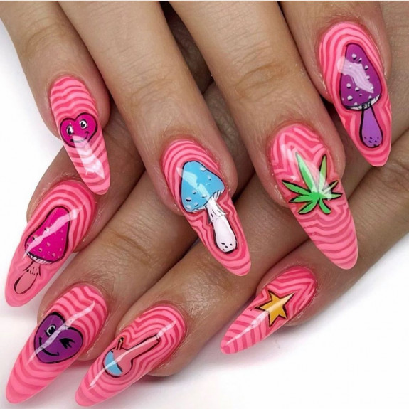 psychedelic nail art, mushroom nails, 70s nail art design, mushroom nail designs, mushroom nail art ideas, trippy mushroom nails, psychedelic mushroom nails, hippie nails, swirl nails, summer nails, summer nails 2022, drippy nails, hippie nails 2022, swirl nail designs, 1960 nail trends, trippy nails, hippie mushroom nails