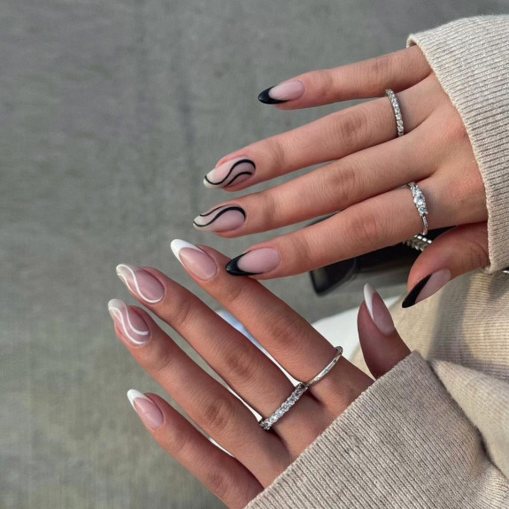 40 Trendy Fall Nails in 2022 — Black and White Swirl Sheer Nails