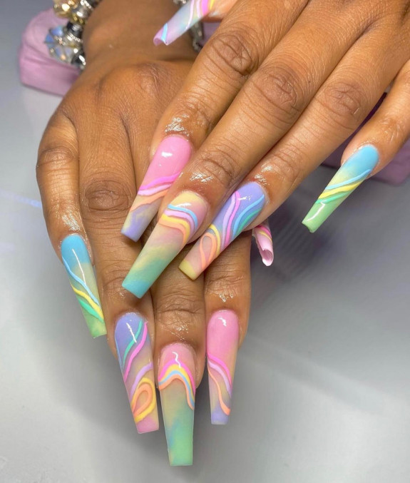 30 Psychedelic Nail Designs — Pastel Ombre and Swirl Ballerina Nails