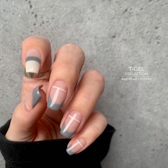 35 Gray Nail Designs For 2022 — Gray French Tapered Square Nails