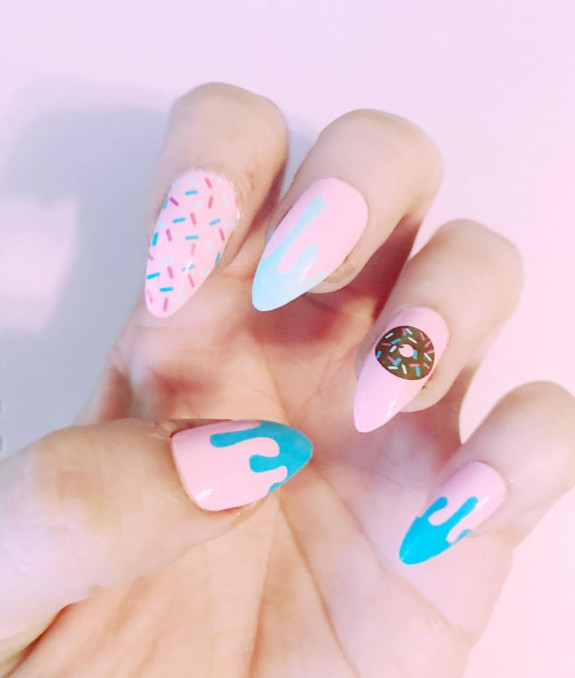 25 Donut Nail Art Designs — Pink Nails with Donut and Sprinkles