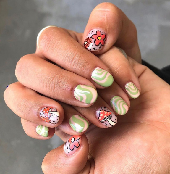 psychedelic nail art, mushroom nails, 70s nail art design, mushroom nail designs, mushroom nail art ideas, trippy mushroom nails, psychedelic mushroom nails, hippie nails, swirl nails, summer nails, summer nails 2022, drippy nails, hippie nails 2022, swirl nail designs, 1960 nail trends, trippy nails, hippie mushroom nails