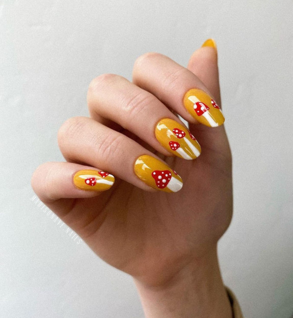 30 Mushroom Nail Designs — Mushroom Tip Mustard Nails