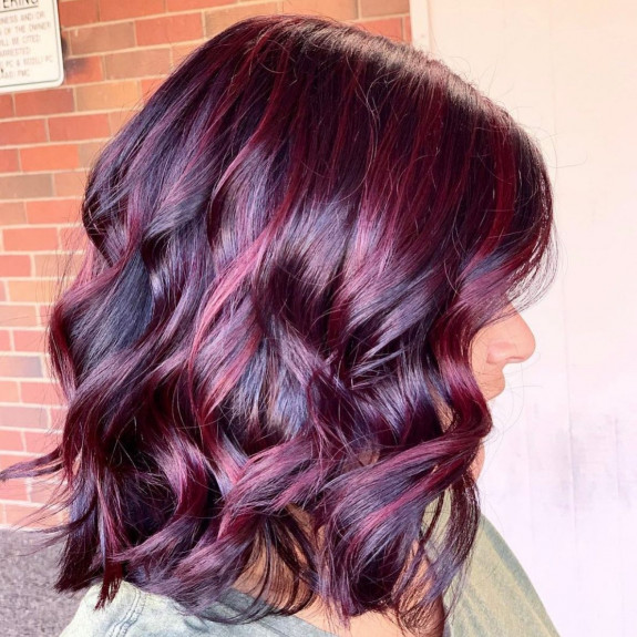 30 Black Cherry Hair Color Ideas — Bright Black Cherry Lob Wavy Haircut