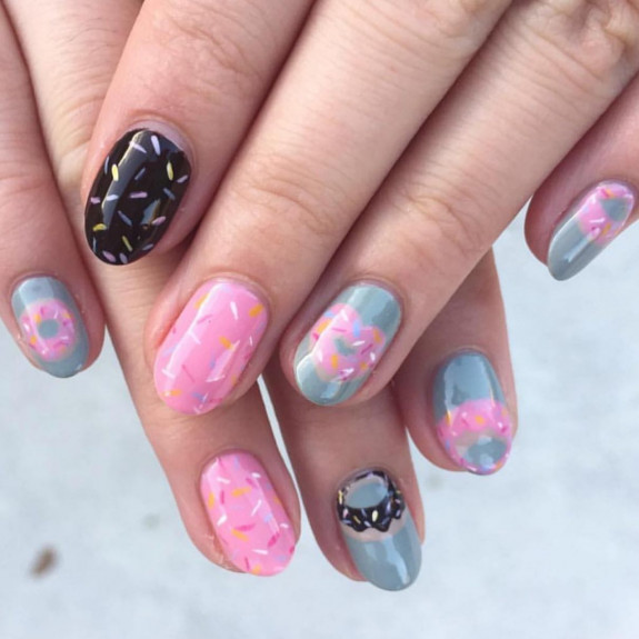 25 Donut Nail Art Designs — Blue, Pink Donut Round Nails