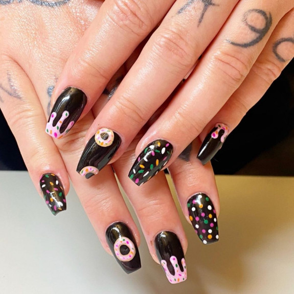 25 Donut Nail Art Designs — Black Nails with Donut & Sprinkles