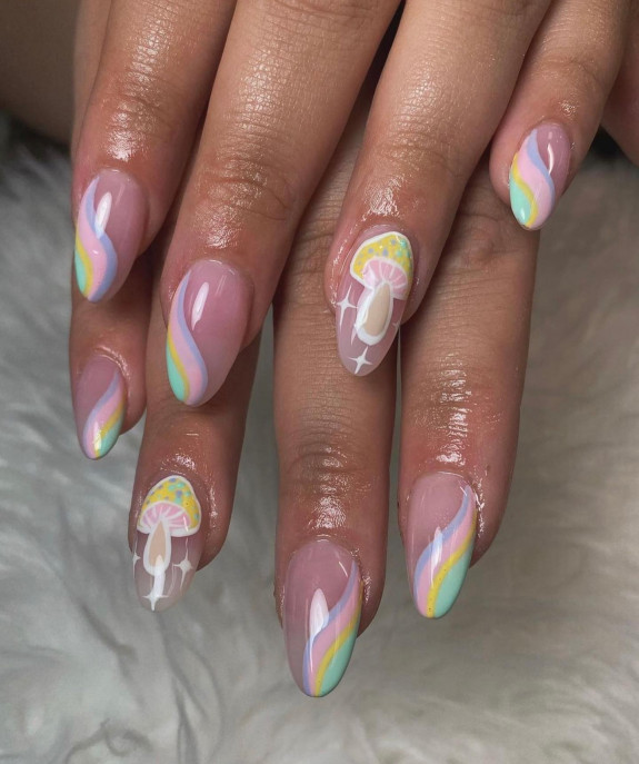 psychedelic nail art, mushroom nails, 70s nail art design, mushroom nail designs, mushroom nail art ideas, trippy mushroom nails, psychedelic mushroom nails, hippie nails, swirl nails, summer nails, summer nails 2022, drippy nails, hippie nails 2022, swirl nail designs, 1960 nail trends, trippy nails, hippie mushroom nails