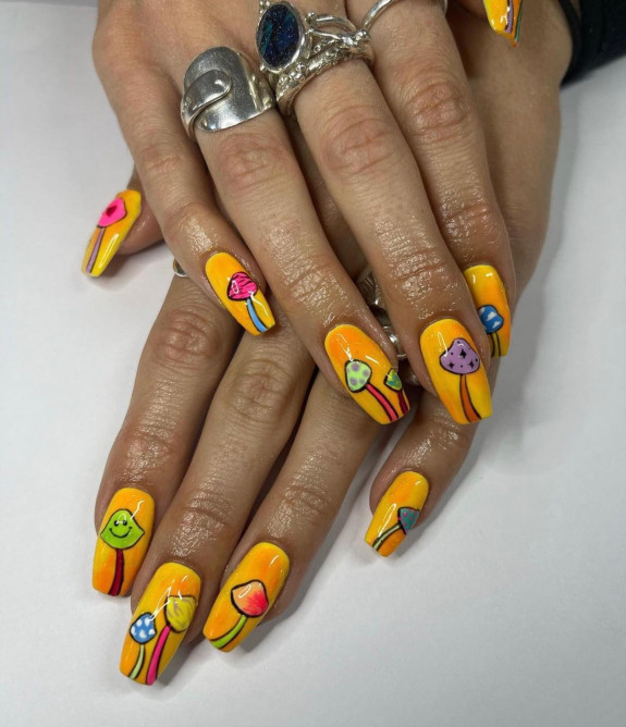 30 Mushroom Nail Designs — Orange-Yellow Mushroom Nails