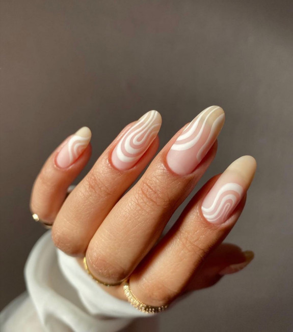 30 Psychedelic Nail Designs — White Swirl Nude Matte Nails