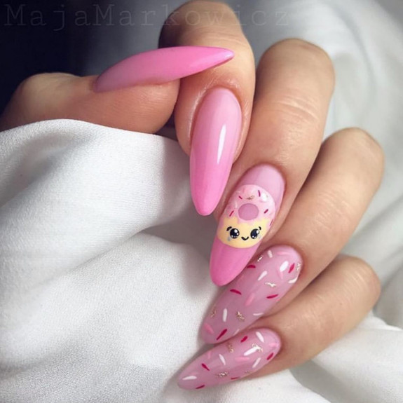 25 Donut Nail Art Designs — Pink Donut and Sprinkle Almond Nails