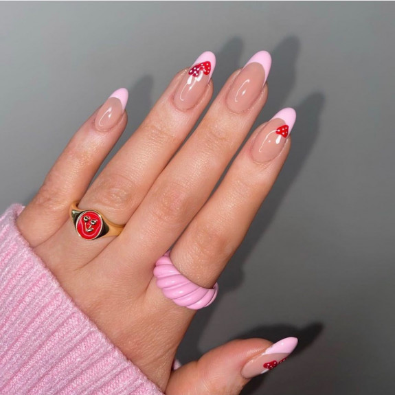 30 Mushroom Nail Designs — Pink French Tip Nails with Red Mushroom