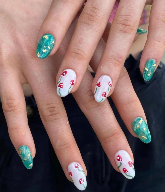 30 Mushroom Nail Designs — Green Marble + Red Mushroom White Nails