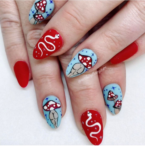 30 Mushroom Nail Designs — Red and Blue Mushroom Nails