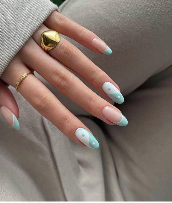 35 Yin Yang Nail Designs — Mint Blue French Tip + Yin Yang Nails