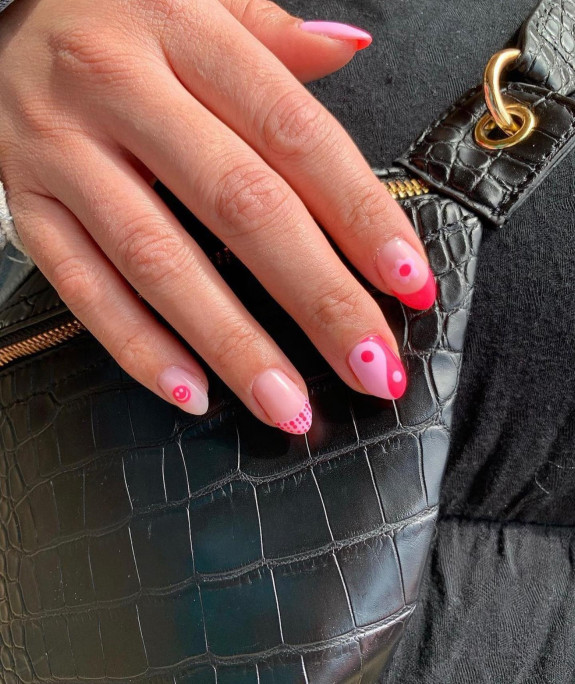 35 Yin Yang Nail Designs — Pink French Tip + Yin Yang Nails