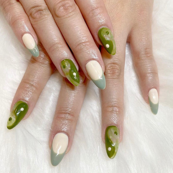 35 Yin Yang Nail Designs — Shades of Green French + Yin Yang Nails