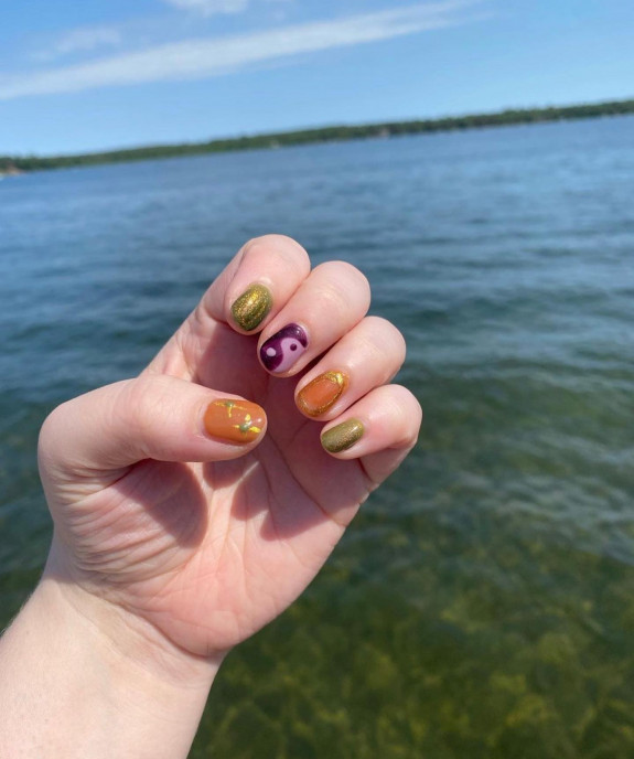 35 Yin Yang Nail Designs — Glitter Green, Orange and Purple Yin Yang Nails