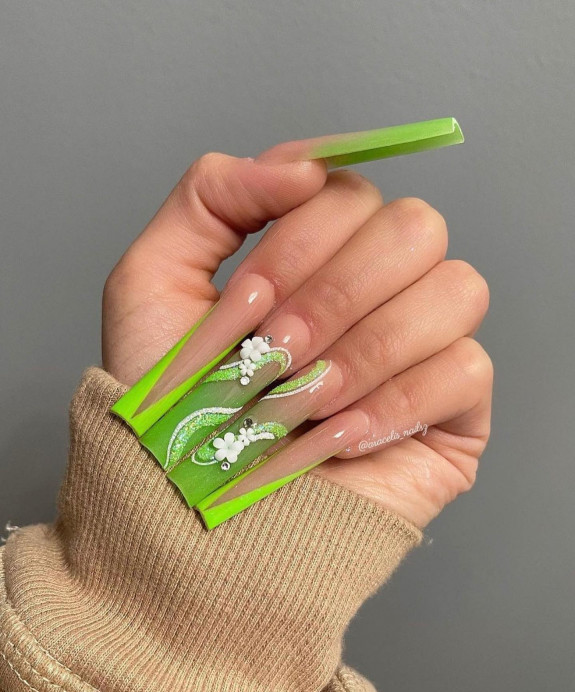 30 Lime Green Nail Ideas — Acrylic Lime Green + 3D Flower Nails