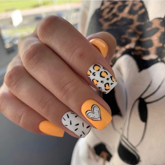 34 Cute Summer Nail Ideas — Leopard + Heart Pale Orange Nails