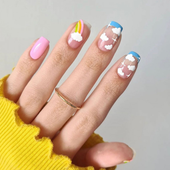 34 Cute Summer Nail Ideas — Blue French Tip + Cloud Nails