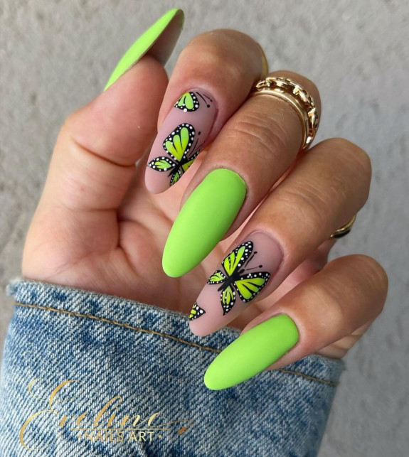 30 Lime Green Nail Ideas — Green Butterfly + Green Almond Nails