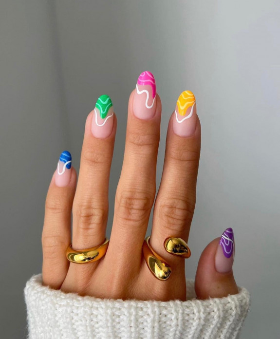 34 Cute Summer Nail Ideas — Colorful Swirl French Tip Nails