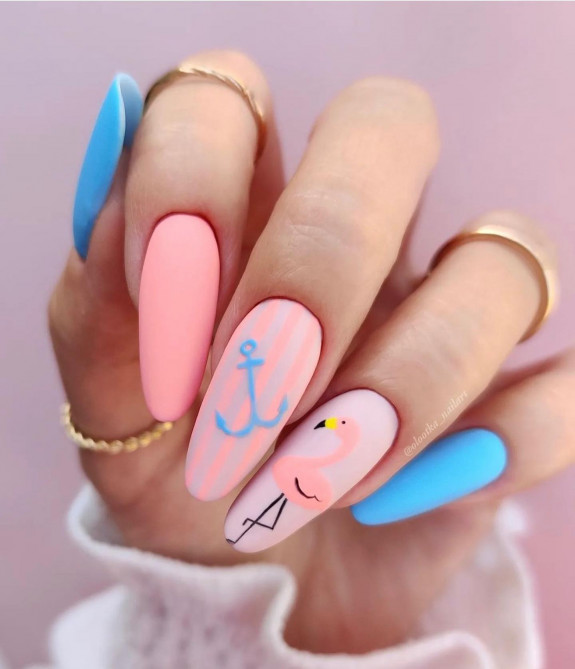 34 Cute Summer Nail Ideas — Flamingo Pink and Blue Nails