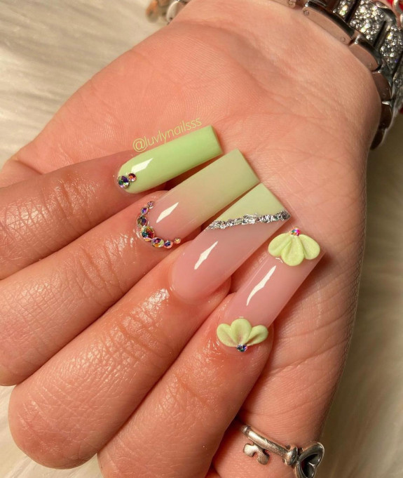 30 Lime Green Nail Ideas — Ombre Green + 3D Flower Nails