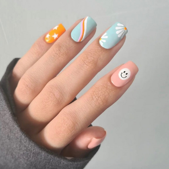 34 Cute Summer Nail Ideas — Mix and Match Flower + Rainbow Nails