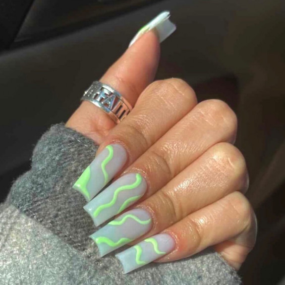 30 Lime Green Nail Ideas — Green Swirl Milky White Nails