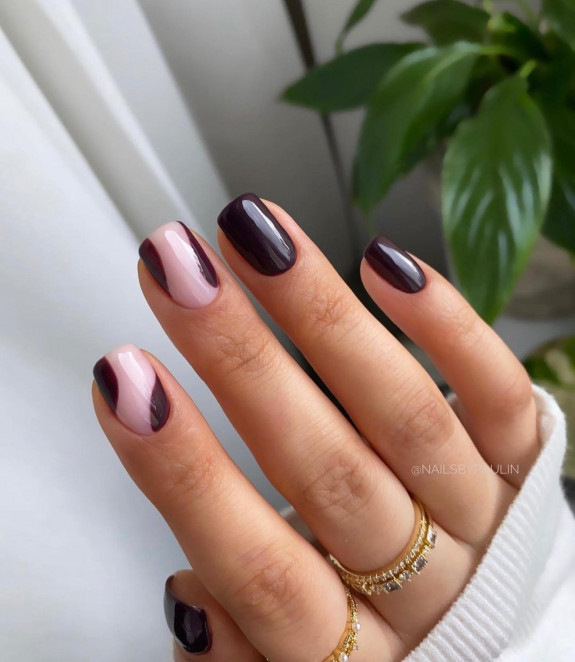 45 Earthy Autumn Nail Ideas — Negative Space Dark Brown Nails