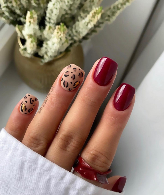 45 Earthy Autumn Nail Ideas — Burgundy + Leopard Square Nails