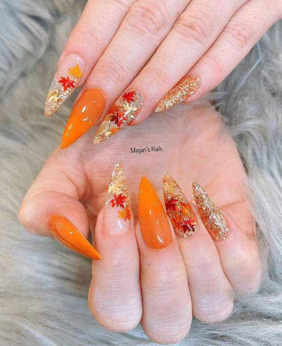 45 Earthy Autumn Nail Ideas — Fall Leaf Orange Nails