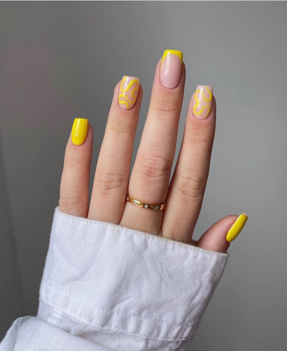 25 August Nail Ideas in 2022 — Yellow Swirl + French Tip Nails